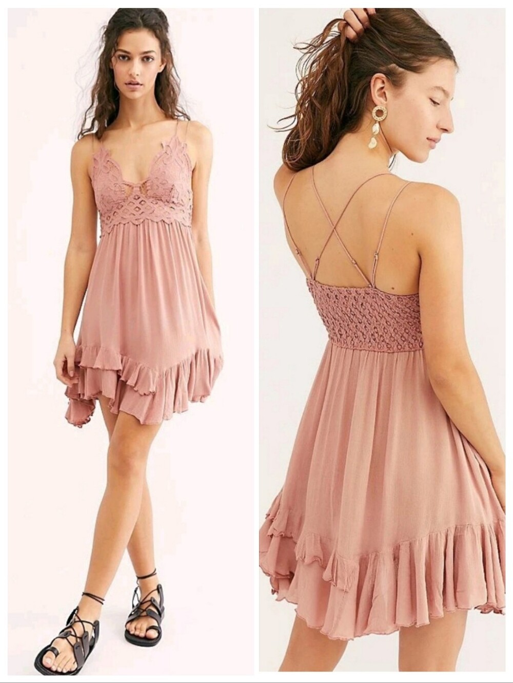 Free People Rose Blush Mauve Adella Lace Mini Dress Ruffle XS Boho Western